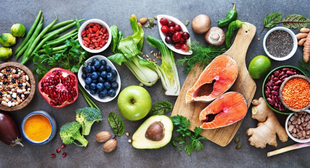 Display of fruits, vegetables, nuts, salmon